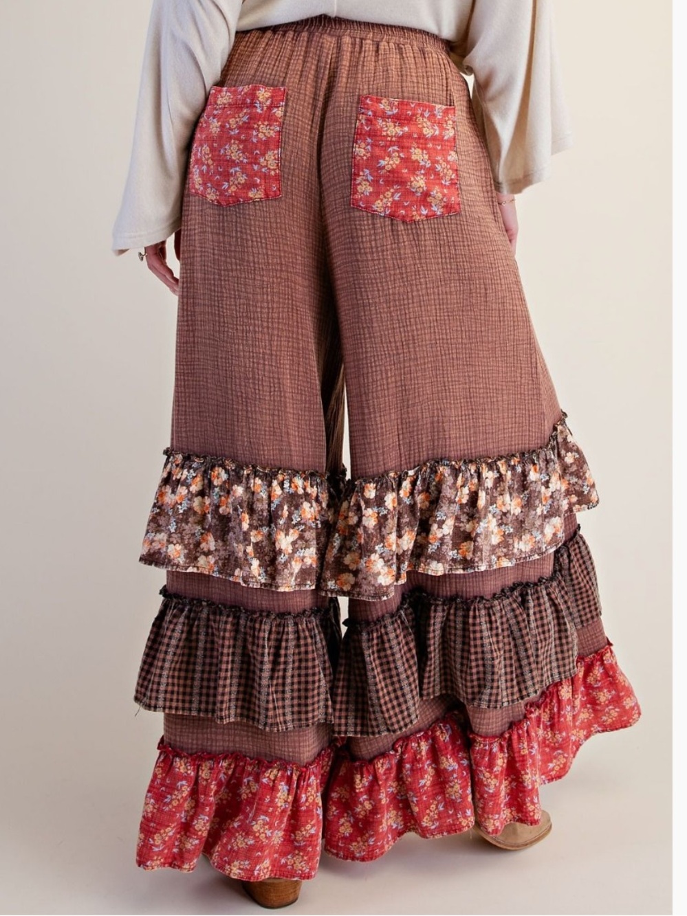 EF77–🤎 (SHIPPED)Boho Wide-Leg Ruffle Tiered Pants in Brown - Picture 3 of 4